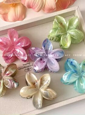 绮梦夏日~新款晕染鸡蛋花抓夹2025后脑勺盘发鲨鱼夹半扎发夹头饰