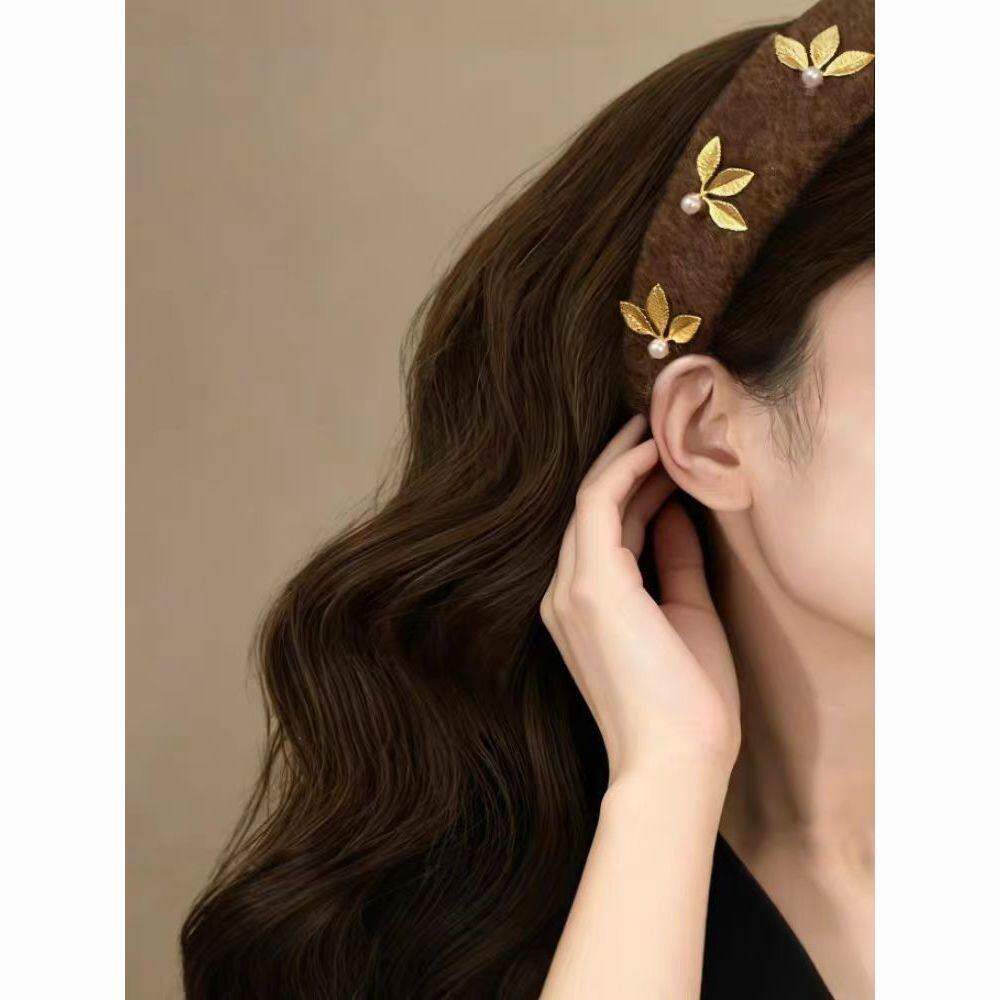 高级感美拉德毛呢宽边发箍金叶复古女气质优雅高颅顶头箍头饰