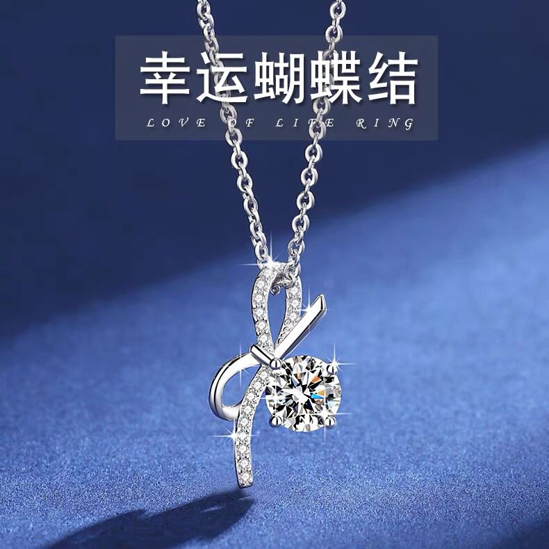 跨境爆款s925纯银莫桑石蝴蝶结项链吊坠时尚轻奢精致少女结锁骨链