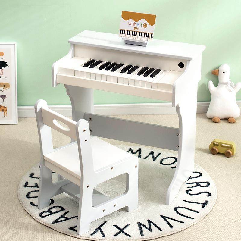 儿童音乐钢琴玩具木质白色电子琴椅子套装男孩女孩宝宝幼儿园早教