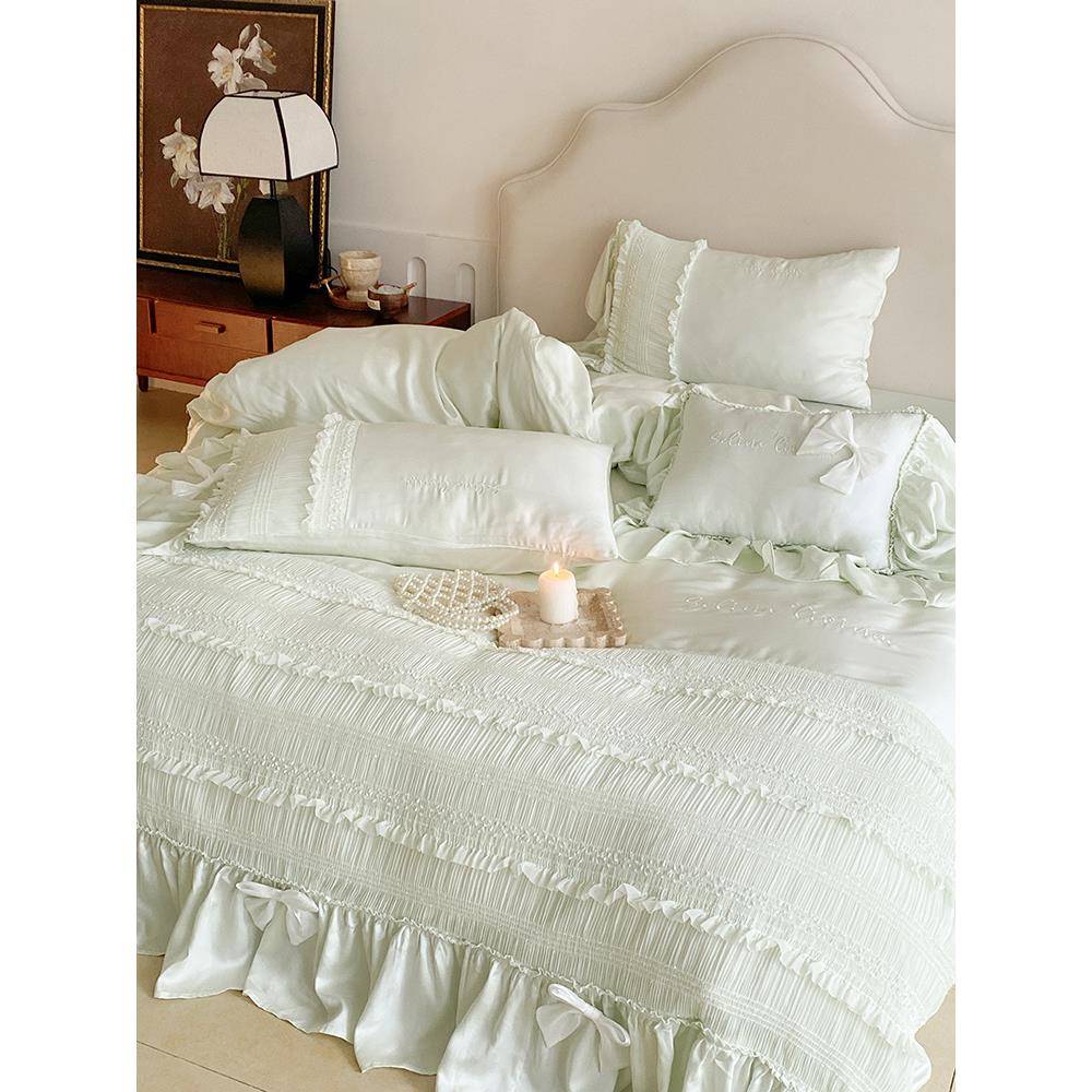 1VPR春夏法式公主风80支兰精天丝四件套冰丝裸睡床上用品绿色床单