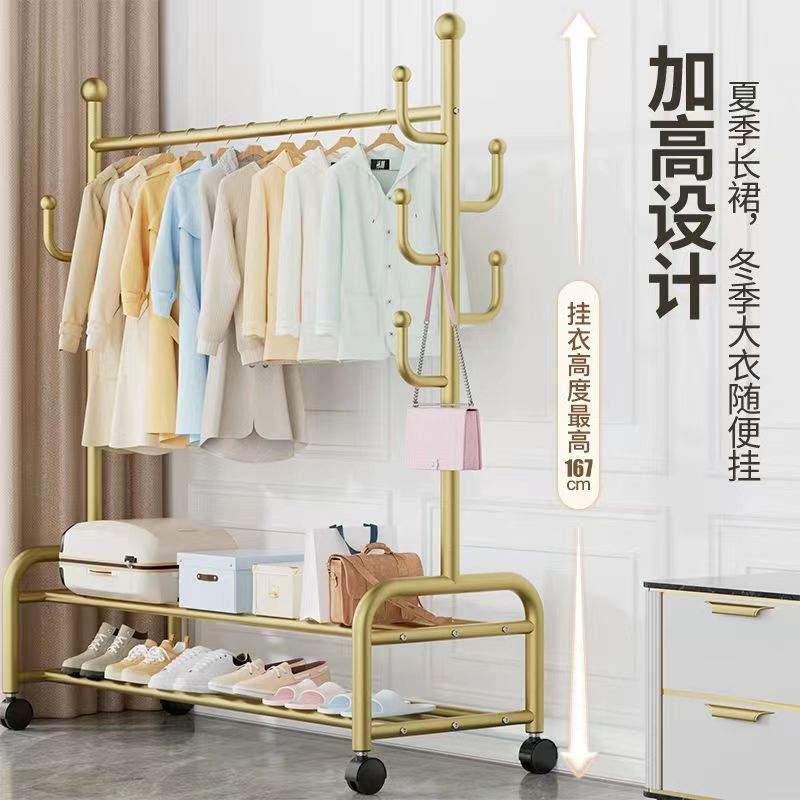 加厚简易挂衣架加粗晾衣杆卧室客厅阳台家用可移动带轮落地衣帽架