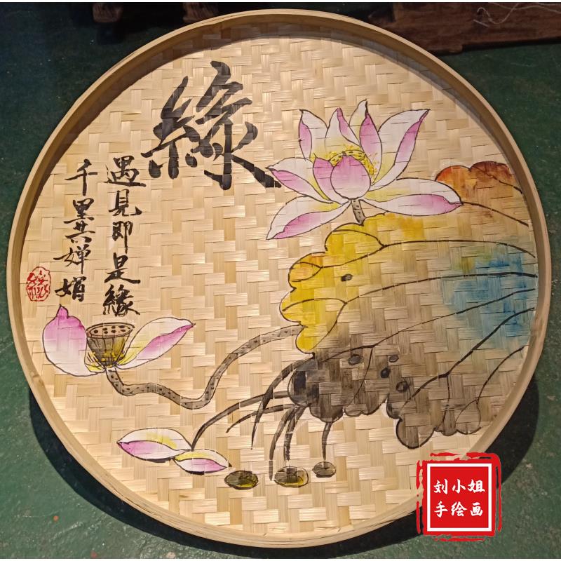 花鸟山水竹编簸箕画竹筛酒店装饰墙面背景墙装饰农家乐簸箕装饰画