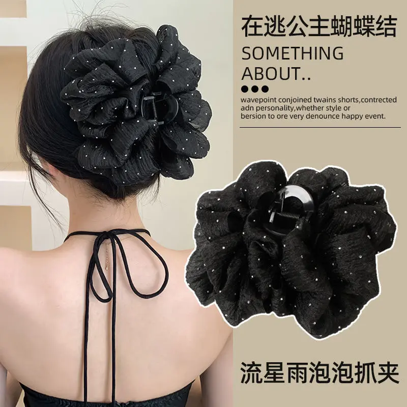 2025新款头饰满天星蕾丝泡泡纱结抓夹超大号后脑勺网红盘发夹