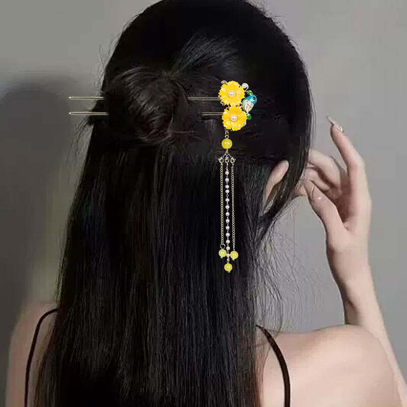 橘黄凝香u型发簪古风珐琅花朵流苏簪子新中式汉服盘发步摇发饰