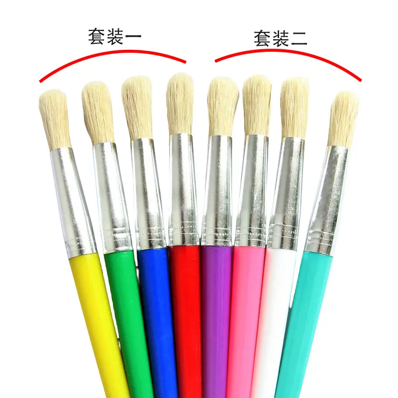 彩色少儿涂鸦笔 糖果色4支圆头猪鬃毛画笔塑料杆油画笔工厂