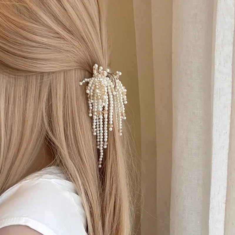 珍珠串珠流苏发夹女后脑勺半扎发盘发夹高级感发量少抓夹发饰
