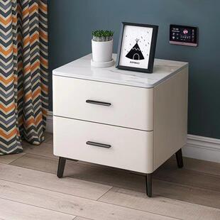 W7轻奢岩板奶油风床头柜白色皮质全实木小型简约现代整装小户型窄