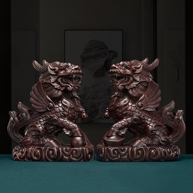 黑檀实木雕刻瑞兽麒麟招财摆件一对门口入户玄关办公室桌面装饰品