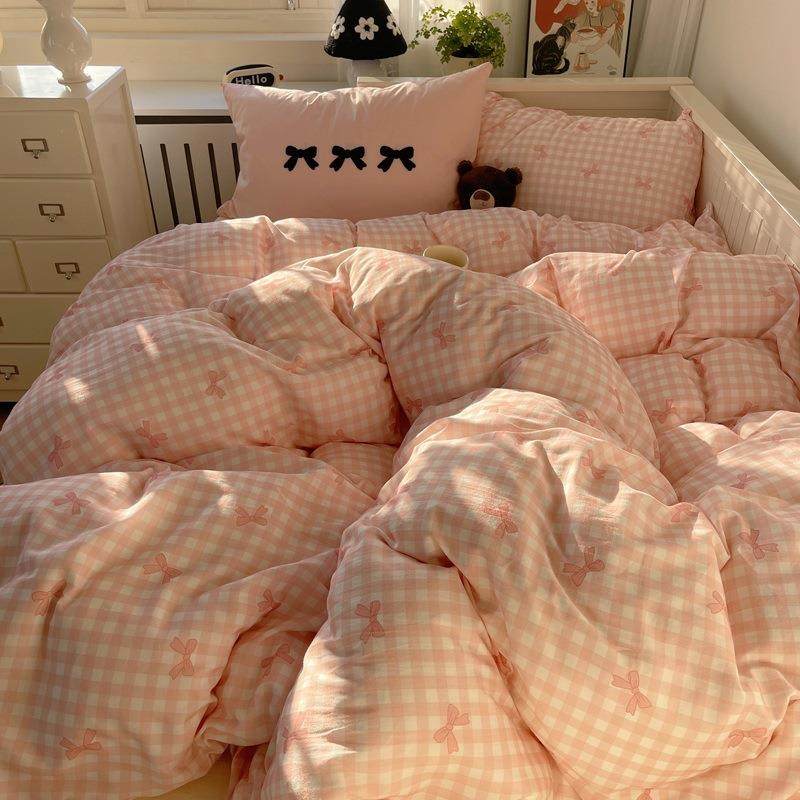 纯色格子2025新款A类纯棉水洗棉毛巾绣蝴蝶结少女系列四件套1.8