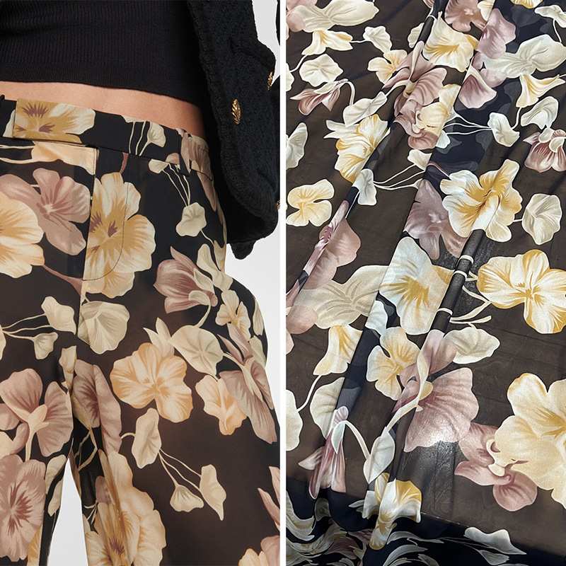 23新款真丝乔其桑蚕丝花布料 黑底黄粉图案女装高定时装面布料