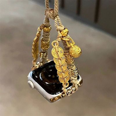 钱袋子适用苹果iwatchs10/8/7手表带金绳五帝钱编织watchultra/se