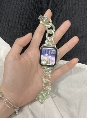ins小香风适用Applewatch7代树脂表带苹果手表654321夏天透明链条
