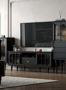 法式轻奢落地电视柜黑色复古风客厅茶几组合美式新款高级家用实木