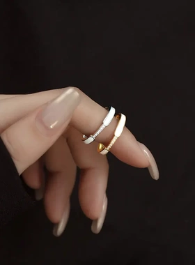 铜镀真金日系简约花迹镶钻戒指女潮轻奢时尚细圈食指冷淡风指环