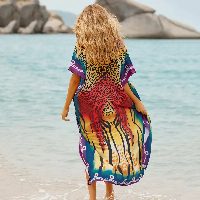 新款欧美红豹纹速干沙滩罩衫度假长裙外罩衫防晒衫