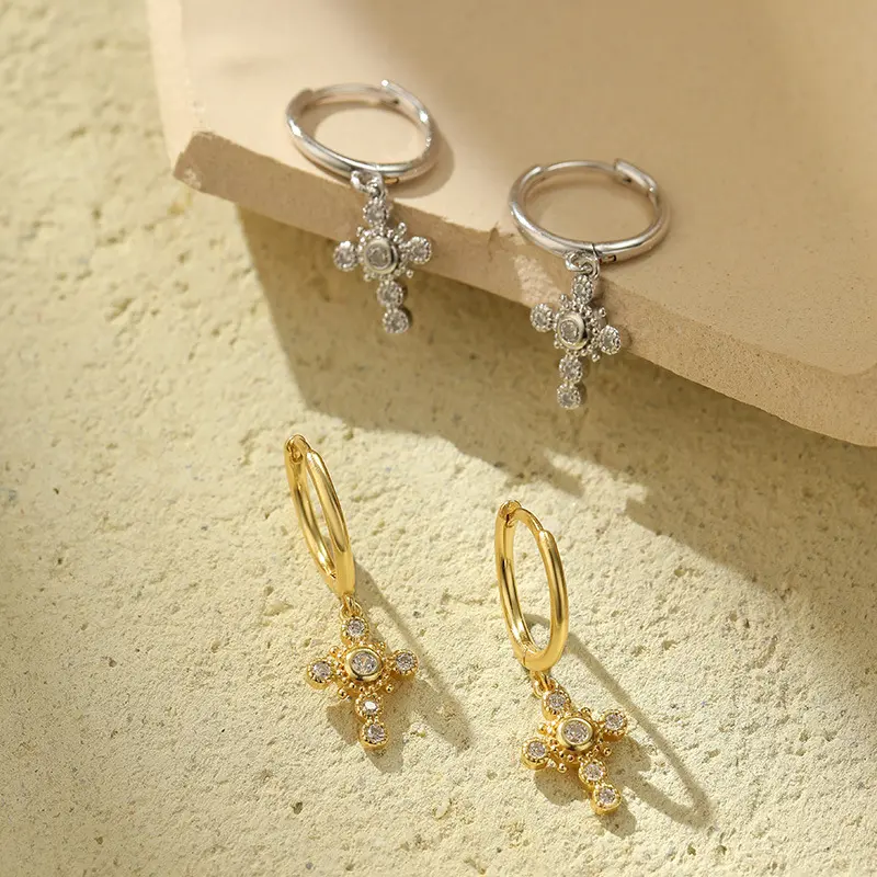 s925银精美十字架耳圈耳环女欧美时尚个性耳饰梅陇银饰
