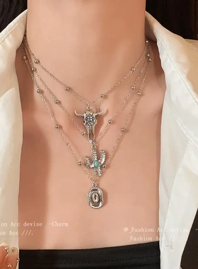 牛头帽子仙人掌吊坠三件套项链个性时尚锁骨链项链小众高级感