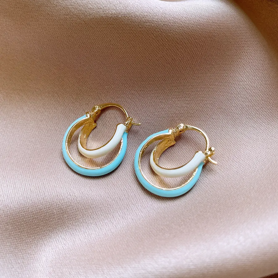 韩系蓝色滴油u形双层耳扣时尚甜美清新百搭耳环小众高级感耳饰女