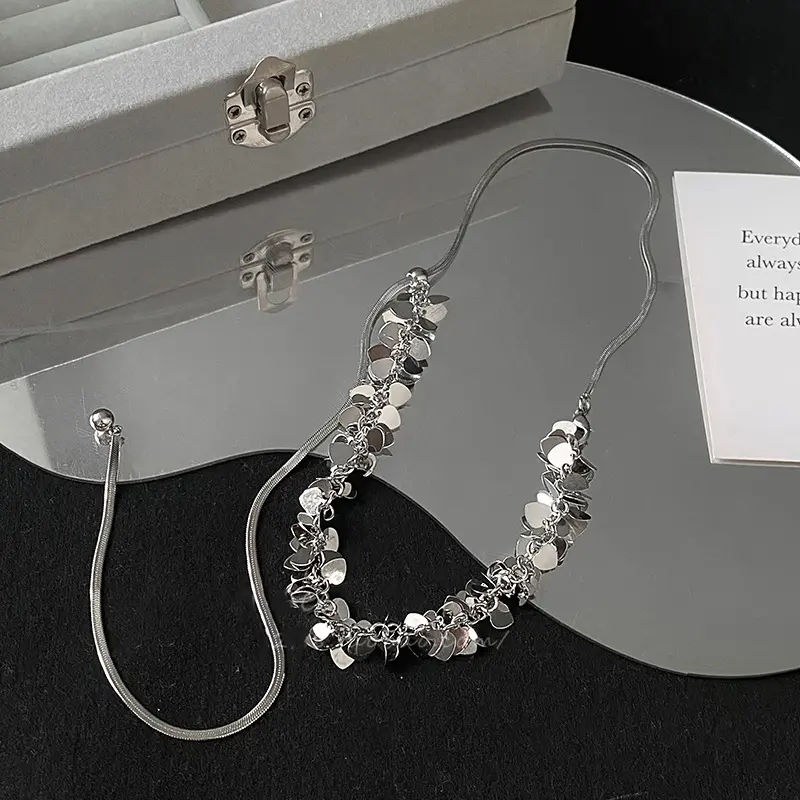 欧美时尚爱心亮片流苏项链小众创意锁骨链 新款气质冷淡风项饰女