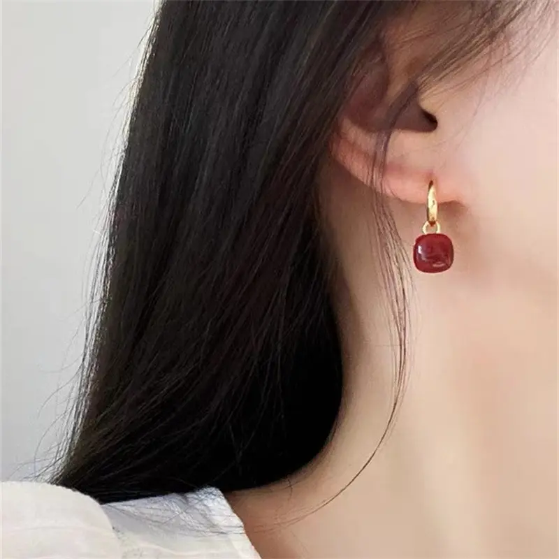 复古酒红色方形耳扣可拆卸一款两戴方块耳环耳坠气质简约百搭耳饰