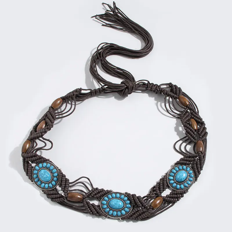 中东网红新款波西米亚风合金绿松石树脂珠子编织打结民族风女腰绳