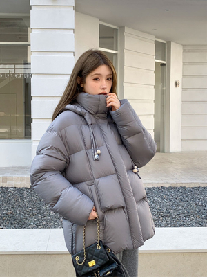 韩版云朵泡芙puff连帽拉链加厚保暖90白鸭绒方格面包服羽绒服气质