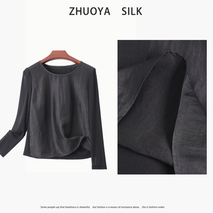 气质真丝衬衫 琸娅100%桑蚕丝香云纱龟裂纹休闲风高档女装 圆领新款