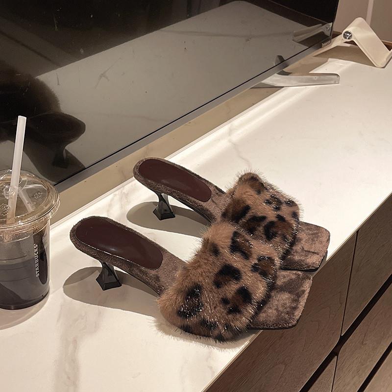 新品豹纹毛毛拖鞋女外穿20