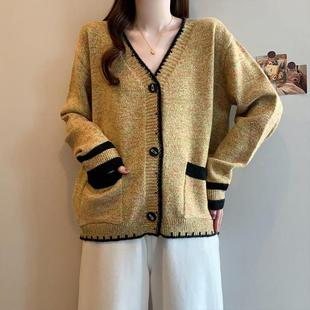 新品慵懒撞色小香风V领针织开衫女春秋冬大码胖mm宽松高级感毛衣