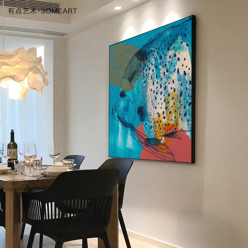 现代轻奢蓝色海洋客厅装饰画鱼餐厅墙上壁画玄关走廊正方形挂画图片