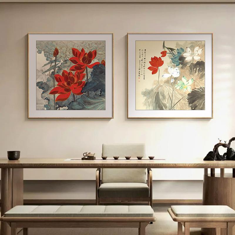 好货张大千五色荷花餐厅双联装饰画新中式正方形饭厅饭堂挂画玄关图片