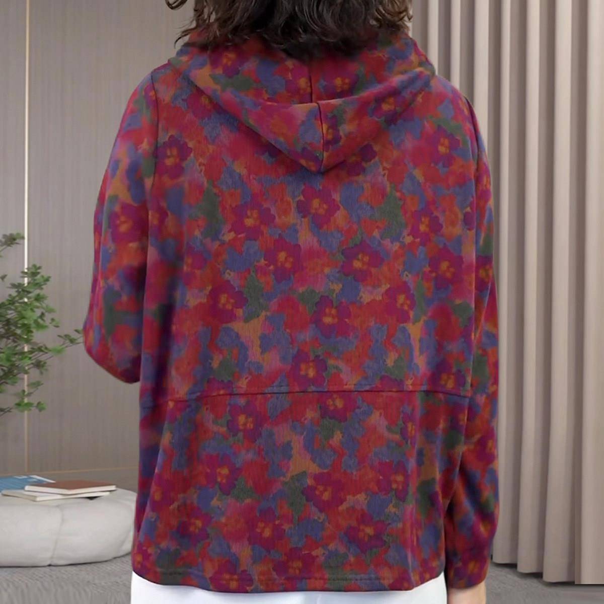 推荐高质量碎花妈妈连帽减龄高档绒感卫衣大码女装遮肉宽松外穿内