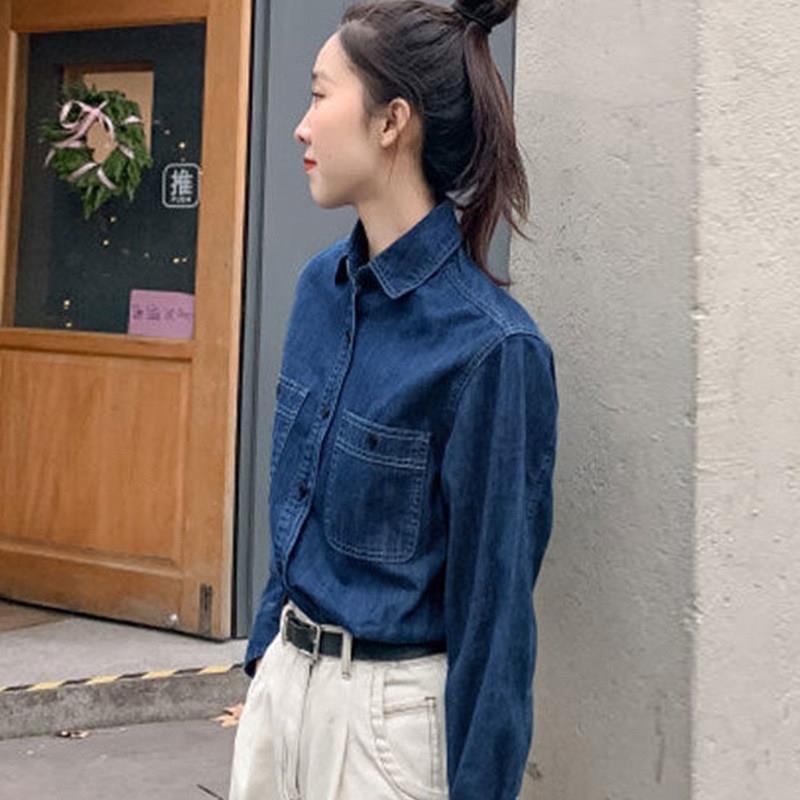 推荐蓝色牛仔衬衫女春秋洋气减龄休闲长袖衬衣复古设计感天丝叠穿