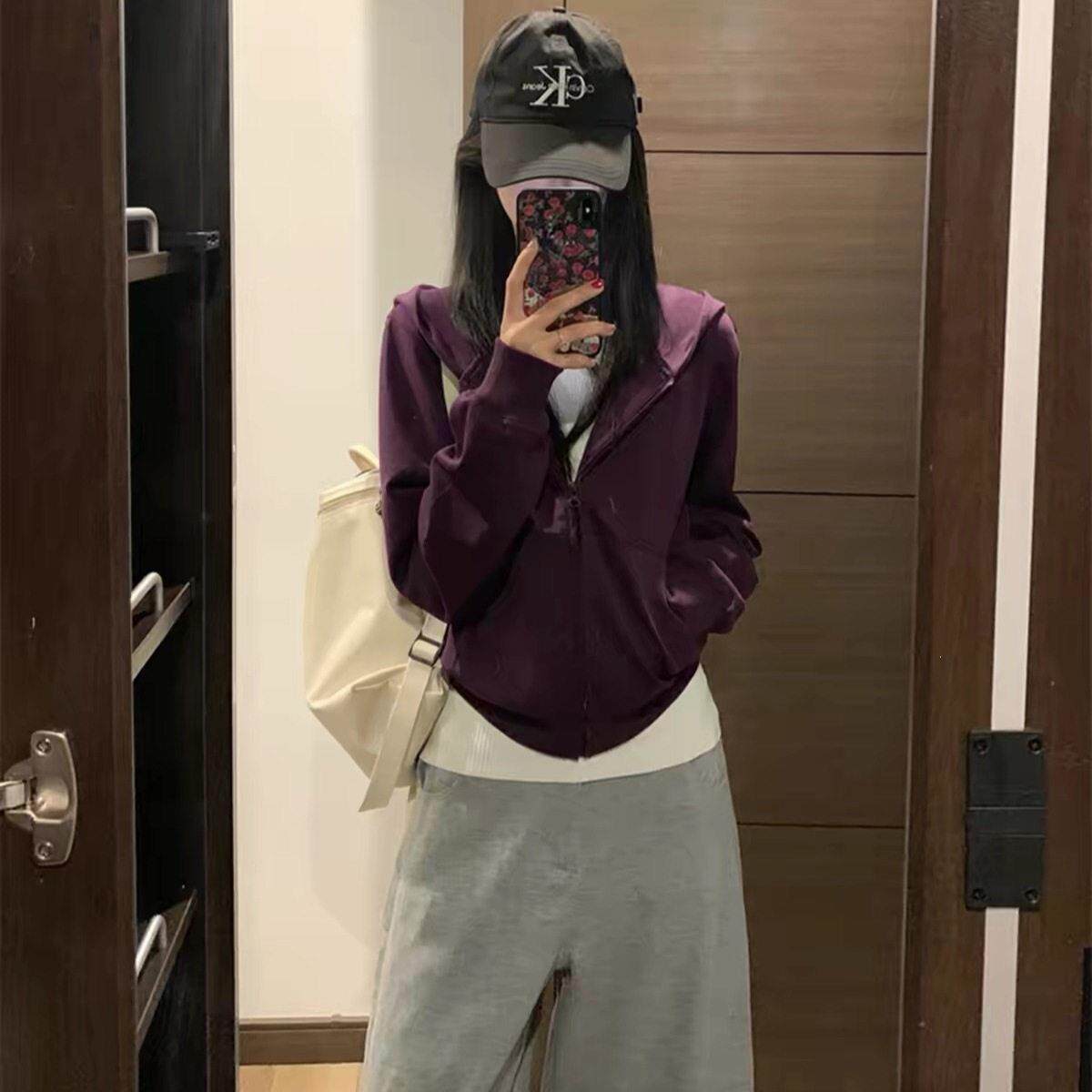推荐美式拼接紫色连帽开衫拉链卫衣女秋季宽松显瘦设计感百搭薄款