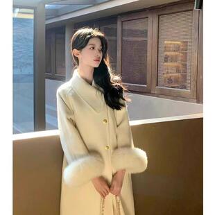 新品白色双面羊绒呢子大衣女2025冬季新款狐狸毛高级感毛呢外套小