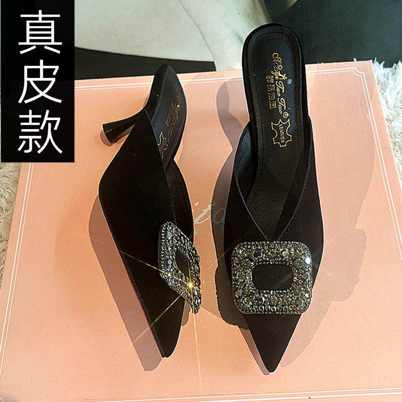 新品无后跟懒人鞋女2026夏季新款尖头磨砂牛皮水钻方扣细高跟鞋包