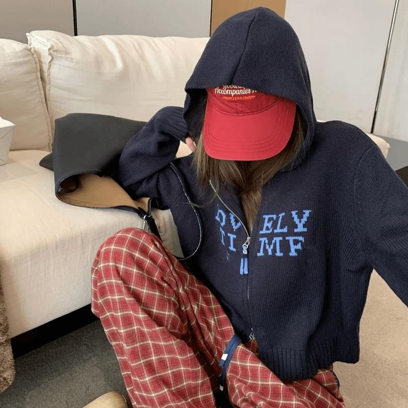 新品美式印花长袖开衫外套女秋冬辣妹抽绳连帽针织衫毛衣拉链短款