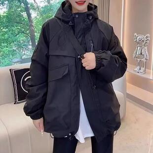 新品韩版夹棉加厚连帽冲锋衣外套女秋冬大码胖MM欧货宽松工装夹克