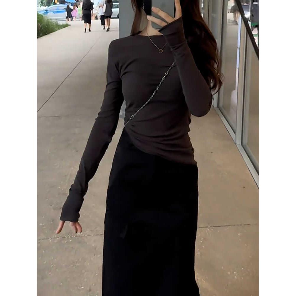 推荐春季新款女装套装气质薄款纯色设计感长袖上衣高腰宽松显瘦半
