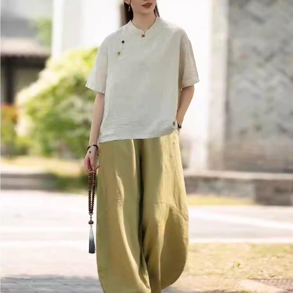 推荐国风复古立领盘扣短袖衬衫2026女士棉麻太极练功八段锦宽松两