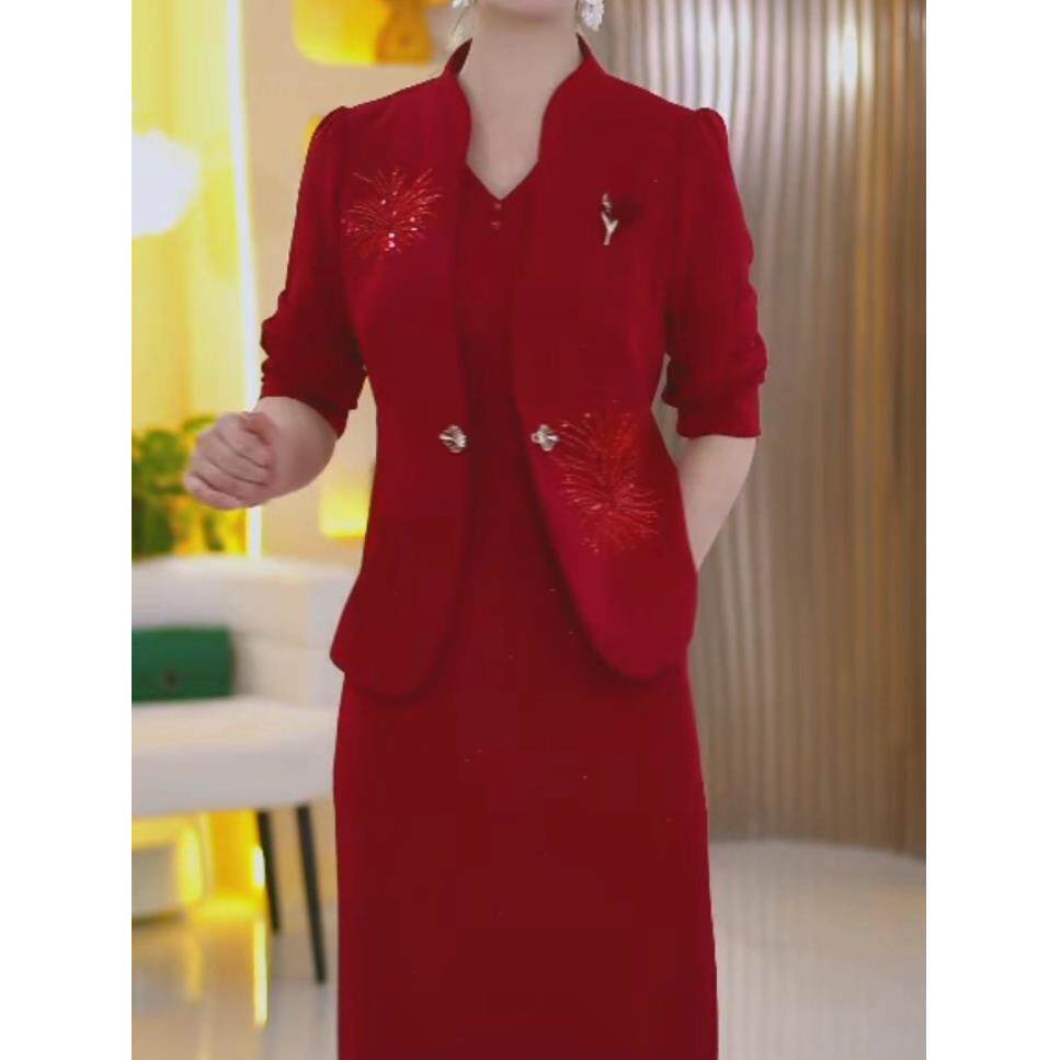 推荐喜婆婆红色气质套装女2026秋季新款阔太太中年妈妈装连衣裙两