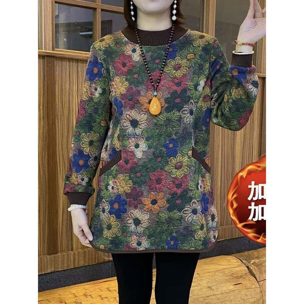 推荐中老年女装妈妈加绒加厚打底衫中长款洋气宽松大码显瘦保暖上