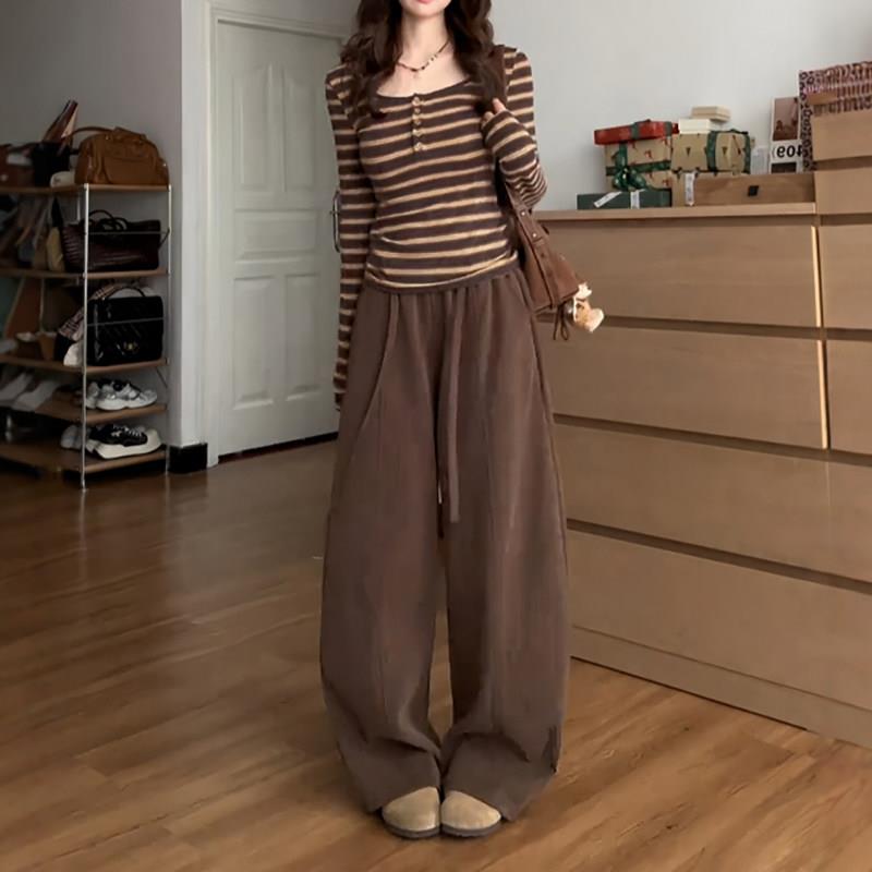 推荐大码咖色条纹长袖t恤女秋季爆款胖mm修身显瘦内搭打底衫方领