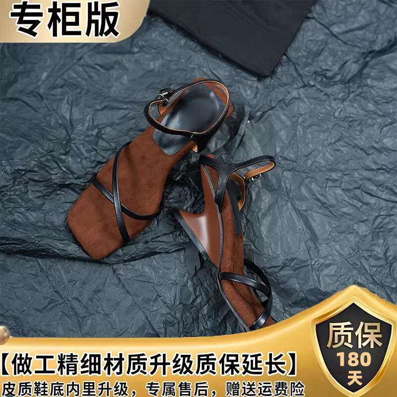 新品羊皮!凉鞋女款2026新款夏季配裙子气质复古金色一字带坡跟高