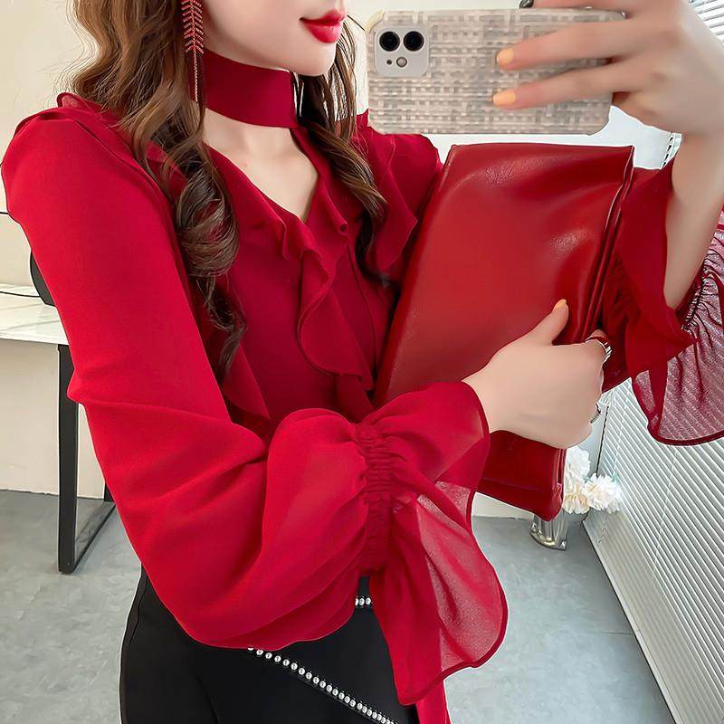 推荐韩版甜美小波点印花雪纺衬衫上衣女宽松荷叶边V领飘带长袖衬