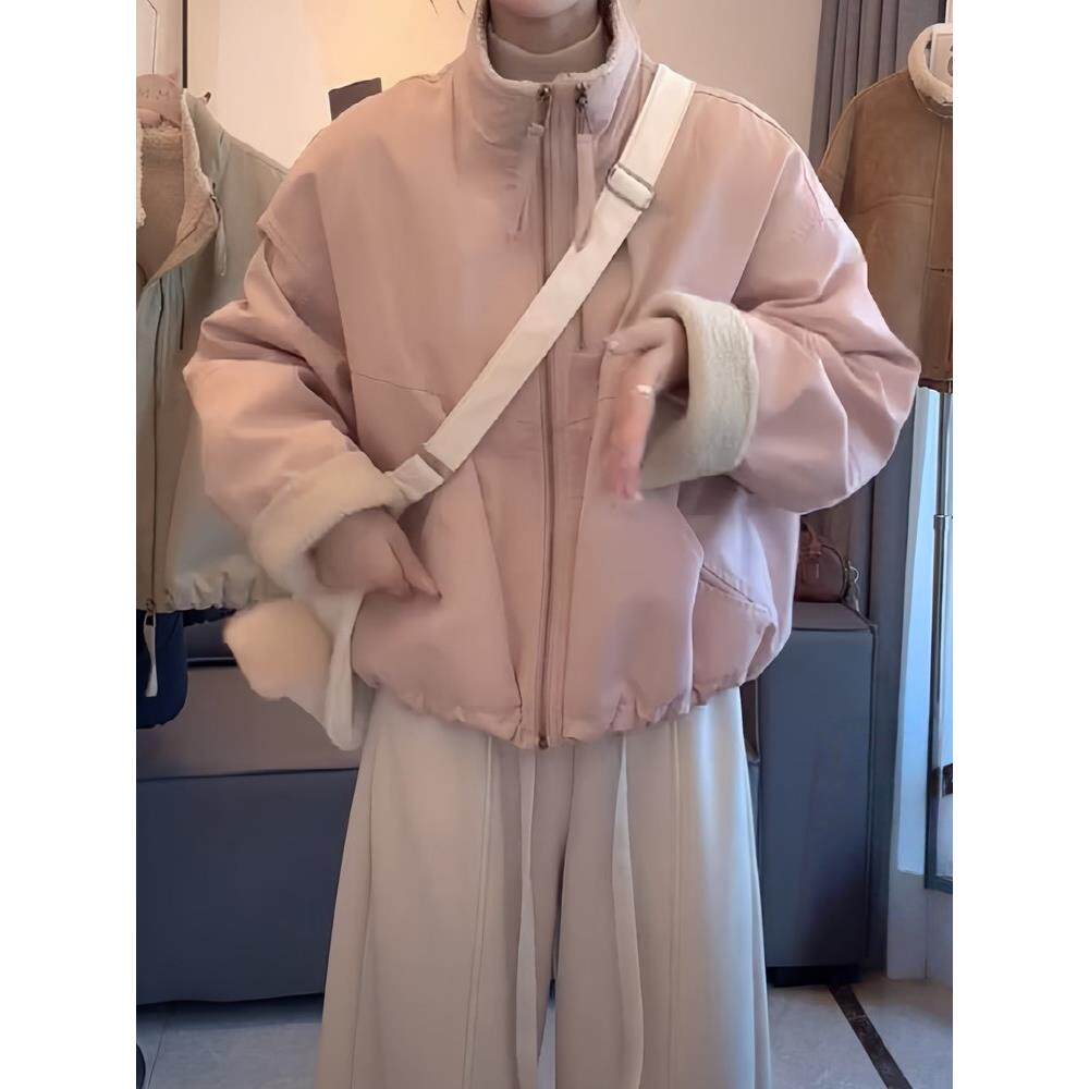 推荐立领韩版双拉链设计防风羊羔毛派克服短款休闲外套2026年秋冬