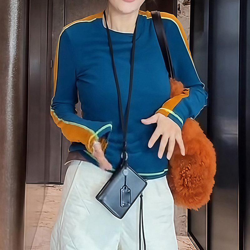 推荐长袖t恤女韩版宽松圆领撞色条纹上衣秋冬季设计感打底衫运动