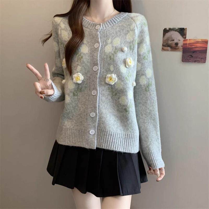 新品立体花朵长袖针织开衫