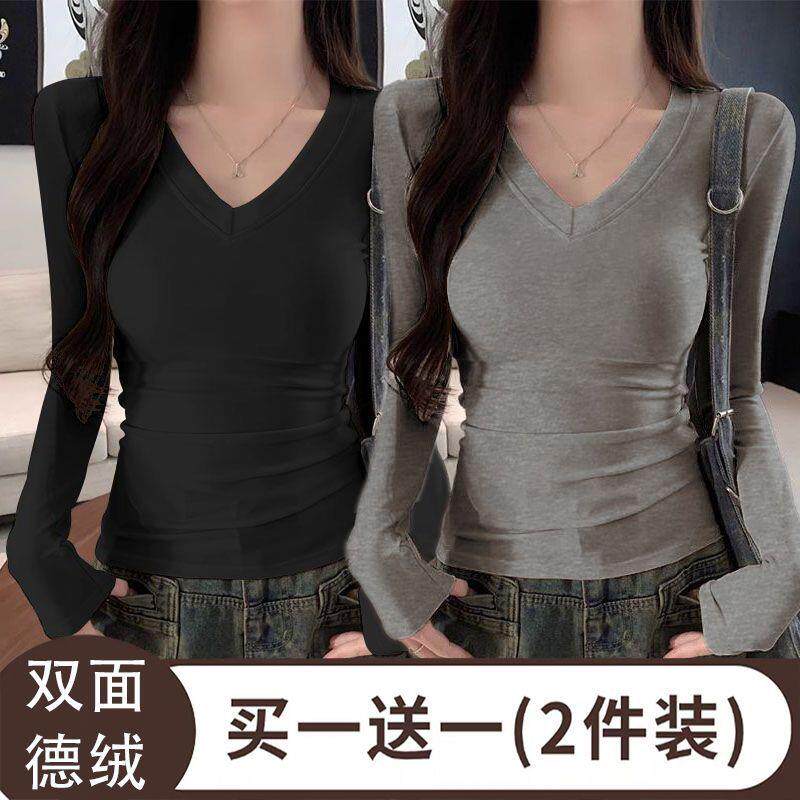 推荐单/两件装 德绒打底衫女秋冬新款V领修身内搭保暖T恤纯色百搭